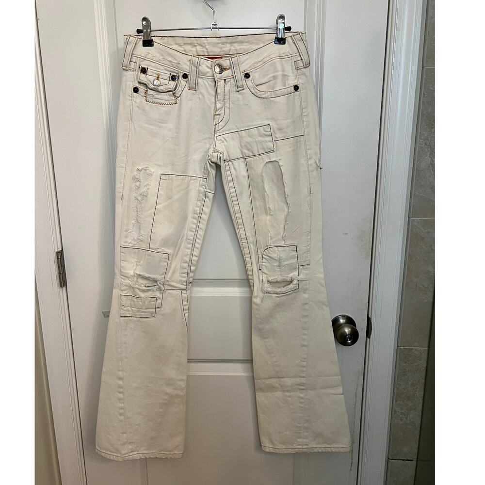 VTG Y2K Trashed True Religion Joey Patchwork Flare Jeans 27 Cream Distressed